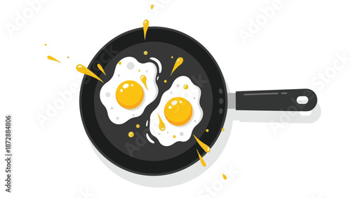Two freshly cooked sunny-side-up eggs sizzling in a hot frying pan ready for a delicious breakfast meal