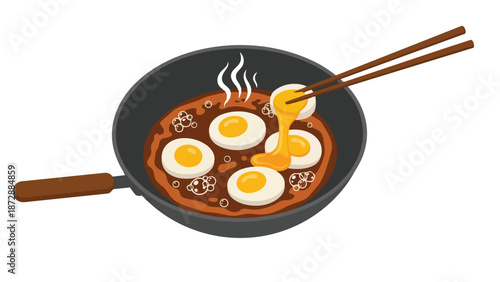 A vibrant illustration of sunny-side-up eggs cooking in a pan with bubbling sauce, chopsticks lifting a runny yolk, signifying a warm, tasty food