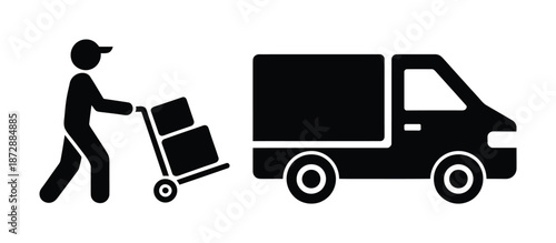 Vector illustration of a delivery man moving boxes toward a van.