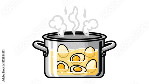 Vibrant illustration depicting eggs gently simmering in a stainless steel pot, with soft steam rising, portraying a classic cooking process for a
