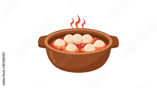 A vibrant illustration of a steaming hot pot filled with succulent meatballs simmering in a rich, flavorful sauce symbolizing warmth and delicious
