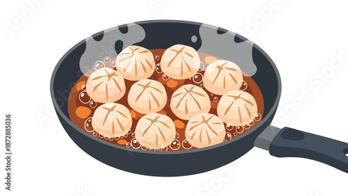 Delicious Asian dumplings cooking in a hot skillet with savory sauce and rising steam preparing a tempting traditional meal food preparation in an