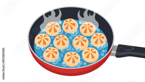 An overhead view of numerous delectable filled buns actively simmering in bubbling liquid within a vibrant red cooking pan generating wisps of steam