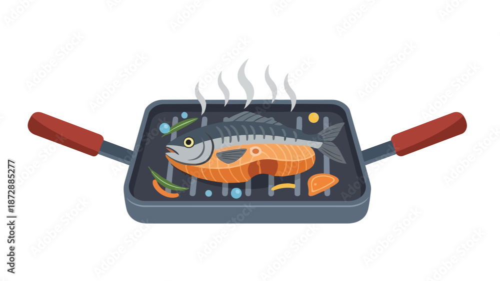 Naklejka premium Vibrant illustration of a whole fish grilling on a hot pan, with steam rising, alongside fresh green peppers and citrus. It symbolizes healthy