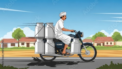 Cartoon Milkman on Motorcycle With Milk Cans Rural Road Village Scene Harvest Time.jpg