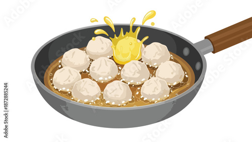 Vibrant illustration of round food items sizzling in a frying pan with a golden liquid splash.