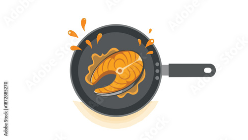 Stylized salmon cooking in a pan with splashes of oil representing healthy food preparation.