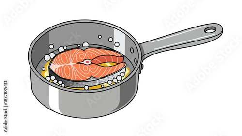Illustrative depiction of a fresh salmon steak gently simmering in a saucepan with cooking liquid and bubbles showcasing home cooking culinary