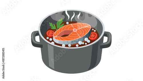 Vibrant illustration of a wholesome salmon steak simmering gently with fresh garden tomatoes and fragrant parsley in a steaming pot, a delightful