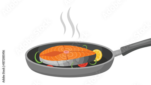 Vibrant illustration of a salmon steak cooking in a pan with fresh vegetables and lemon, steam rising. This scene promotes healthy culinary practices.