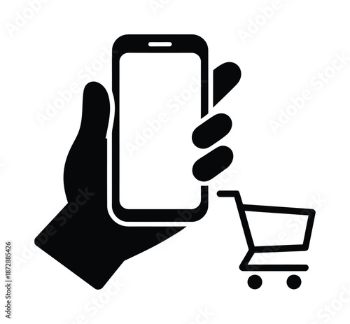 Vector icon of hand holding smartphone connected to a shopping cart