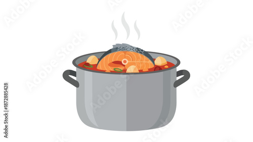 Vibrant fish stew gently simmering in a grey pot, creating a comforting aroma of home cooked seafood