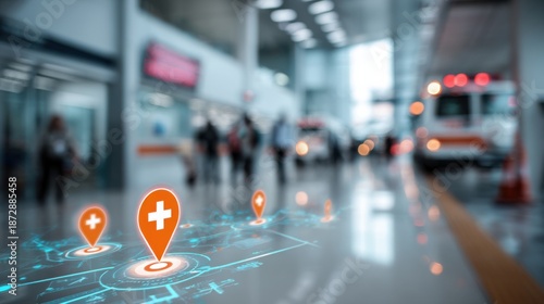 Digital emergency routing display in a hospital lobby corner highlights live ambulance tracking with blurred background to emphasize smooth patient transfer coordination.