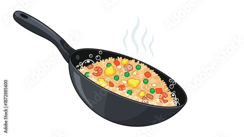 Vibrant steaming Asian-style stir-fried rice with fresh garden vegetables and succulent shrimp cooking deliciously in a dark non-stick wok, emitting