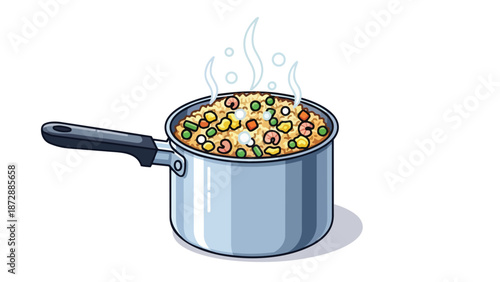 A vibrant cartoon illustration of a steaming saucepan filled with delicious hot fried rice and colorful ingredients perfect for any culinary design