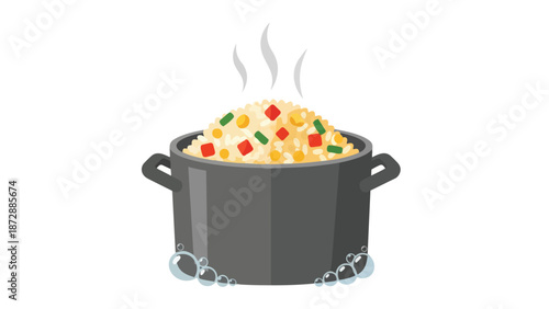 Vibrant vegetable rice cooking in a dark pot, emitting soft steam and bubbles, ready for a delicious meal
