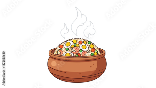 Delicious warm meal in a traditional pot brimming with fresh vegetables eggs and shrimp