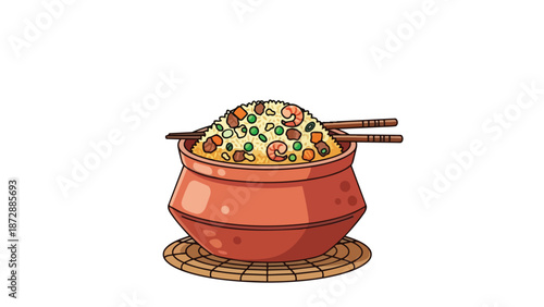 A delightful vector illustration featuring a hearty Asian fried rice dish in a rustic pot, overflowing with colorful vegetables, succulent shrimp,