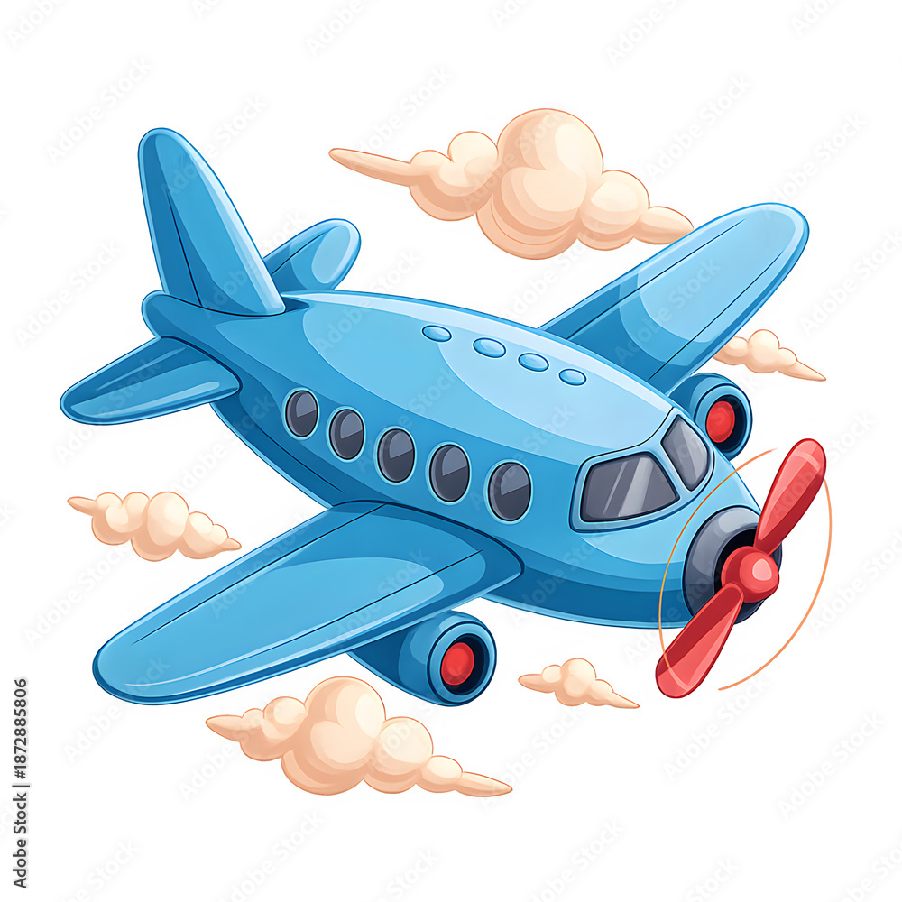 Naklejka premium Cute Blue Airplane with Clouds