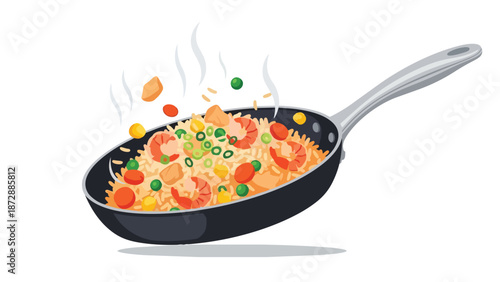 A delightful and dynamically rendered illustration of sizzling shrimp fried rice, prepared fresh in a black cooking pan, showcasing vibrant