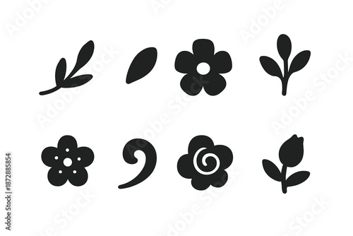 Floral Icon Grid. Floral greeting accents. Filled icon set of Floral greeting accents: curved leaf accent,
