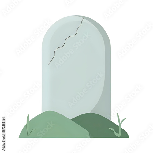 A cracked tombstone stands amidst serene green hills and grassy terrain in a peaceful landscape scene