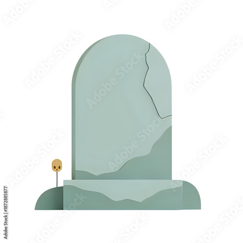 A cracked stone monument stands alone in a desolate landscape viewed from the side with a small figure nearby