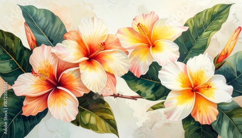 Wallpaper Mural Vibrant Tropical Hibiscus Flowers in Full Bloom on Textured Background with Green Leaves Torontodigital.ca