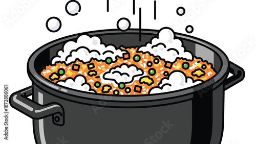 Vibrant cartoon depiction of a delicious bubbling pot of savory rice, green peas, and diced vegetables simmering on a stove, creating an appealing