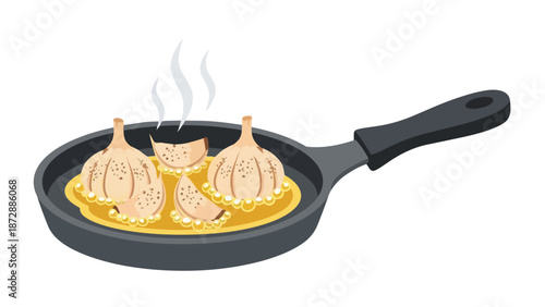 Aromatic garlic bulbs and perfectly sliced cloves gently sizzling in a hot frying pan, releasing savory steam and rich, irresistible flavors for