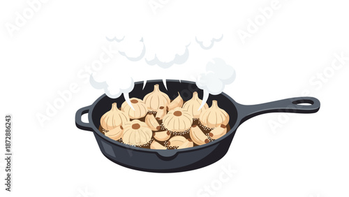 A vivid graphic design showing fresh garlic cloves and whole bulbs cooking in a hot dark cast iron skillet, releasing fragrant steam creating a