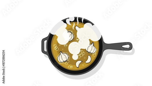 Vibrant cartoon illustration of garlic cloves sizzling in a hot pan with steam rising, depicting a cooking process