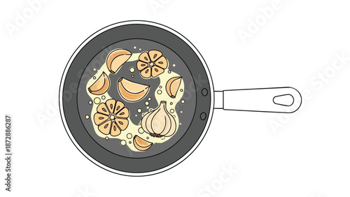An illustrated top-down view of aromatic garlic cloves, a whole bulb, and citrus slices gently cooking in shimmering oil within a modern frying pan,
