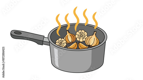 A vibrant illustration showcasing aromatic culinary ingredients, specifically garlic cloves and lemon slices, gently simmering inside a gray