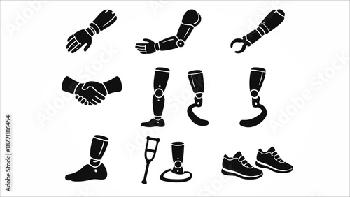 Prosthetic Limbs Icon Set, Artificial Arms and Legs for Disability and Medical Healthcare, Flat Silhouette Vector Illustration