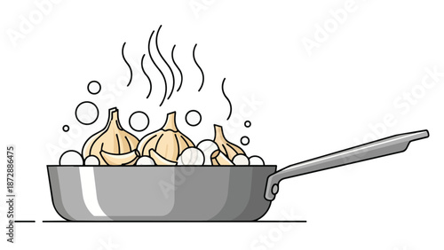 Culinary illustration featuring garlic bulbs and cloves simmering in a hot pan, releasing fragrant steam and bubbling gently, essential cooking