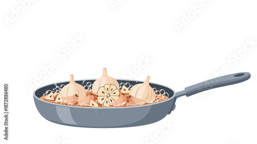 An inviting illustration depicting fresh garlic bulbs and aromatic dried fruit slices simmering gently in a cooking pan a delightful culinary