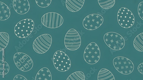 Teal background with white outline easter egg patterns for festive spring design