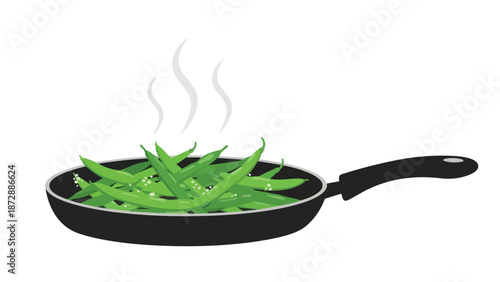 Fresh green beans steaming gently in a hot frying pan, ready for a healthy meal