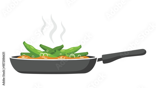 Steaming vibrant green vegetables simmering in a savory golden sauce within a modern frying pan, a delightful scene of healthy home cooking