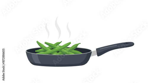 Fresh green beans gently steaming in a non-stick frying pan, perfect for healthy cooking illustrations