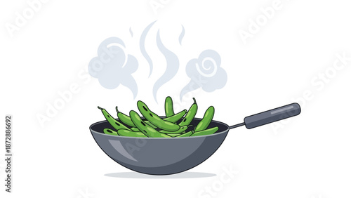 Fresh green edamame pods steaming gently in a sleek dark wok, prepared for a healthy snack or meal, capturing a moment of simple culinary delight