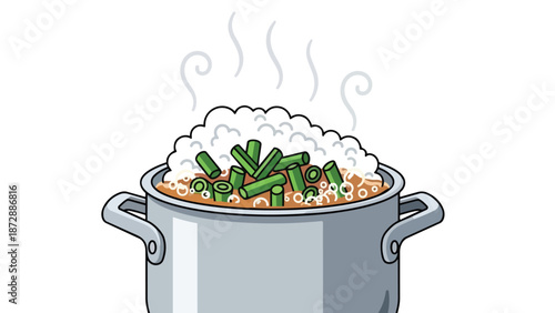 A delightful steaming pot presents a comforting medley of freshly cooked green beans and fluffy white rice, ready for a wholesome, satisfying meal