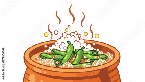 Vibrant green chili peppers gently stewing in a rustic clay pot, emitting flavorful steam and effervescent bubbles, signifying a delicious and