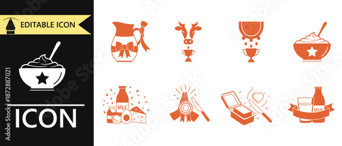 Collection of simple flat design icons representing various dairy products like milk, butter, and yogurt