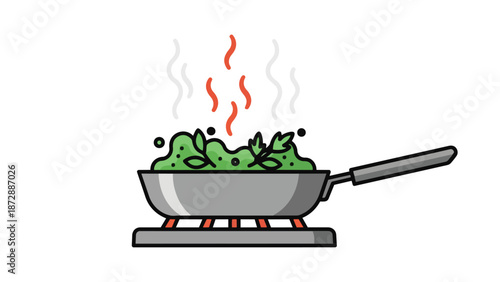 A cheerful illustration depicts fresh green ingredients simmering in a simple gray frying pan atop a hot red burner emitting gentle wisps of steam