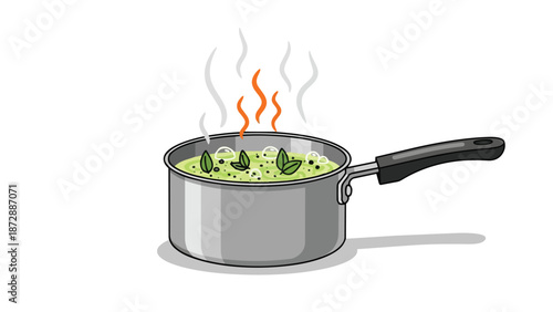 Vibrant green liquid simmering gently within a gleaming metal saucepan, producing wisps of steam, adorned with fresh basil leaves and small spice