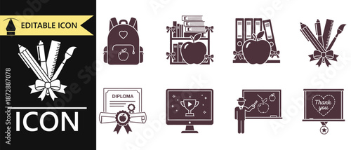 A set of monochrome education icons representing school, learning, and graduation concepts