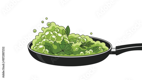 Mysterious Green Concoction With Herbal Elements Bubbling in a Frying Pan