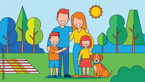 Happy family with children and pet dog enjoying a summer picnic in the park